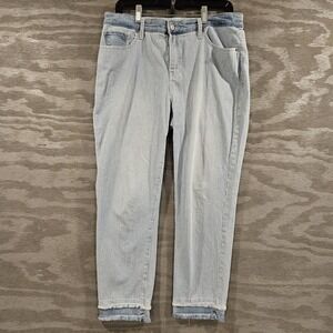Chico's SZ 10 Blue White Striped Ankle Girlfriend Jeans Nautical Preppy Raw Hem
